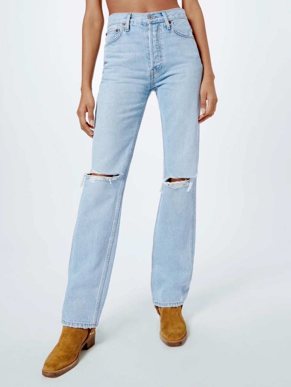 Re/Done High-Rise Light Blue Distressed Straight Jeans